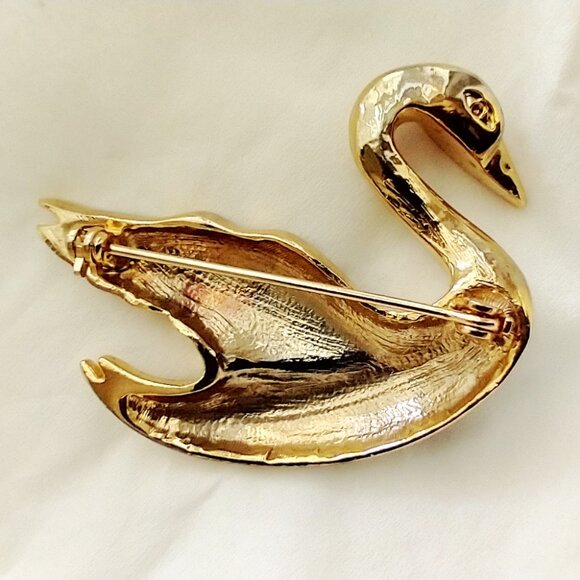 Black Swan Brooch Goldtone Retro 80s Resin Enamel Pavé Rhinestones - Picture 2 of 10